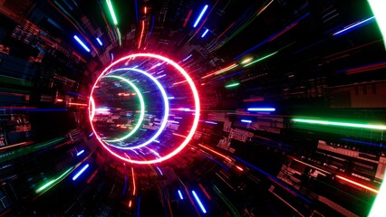 Obraz premium Glowing red and blue and green technology in the futuristic tunnel 3d rendering