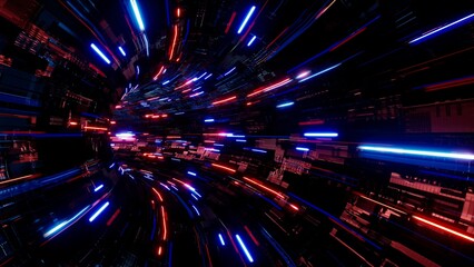 Shining red and blue technology data tunnel background 3d rendering