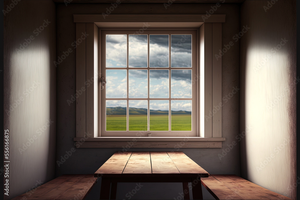 Poster background of a table with open space and a window. generative ai