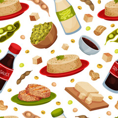 Natural Soy Products Seamless Pattern with Soy Bean, Tofu and Sauce Vector Template