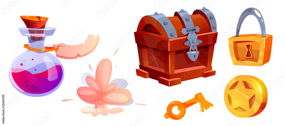 Poster game items and objects with chest, key, coin, lock and potion jar vector set
