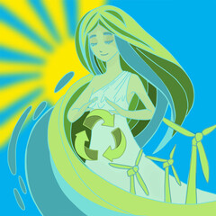 ESG, green energy, sustainable industry with windmills and solar panels. The concept of environmental, social and corporate governance. Vector illustration.