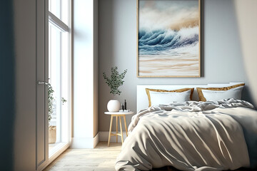 mock up frame with warm interior of home, bedroom in coastal design,. Generative AI
