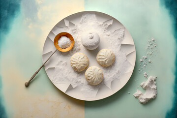 On a marble table with cookie molds, a plate, and coconut powder. Generative AI