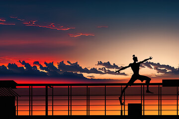 Yoga guy in silhouette doing his poses on a rooftop at dusk. Generative AI