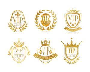 Golden Vip Monograms with Laurel and Crown Vector Set