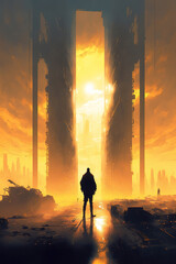 cyberpunk landscape, the sky is full of golden light, futuristic art illustration concept