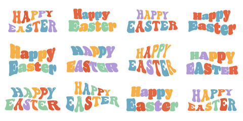 Happy Easter groovy hippie leterring in 70e trendy retro psychedelic style. Twisted and distorted easter text.Vector.