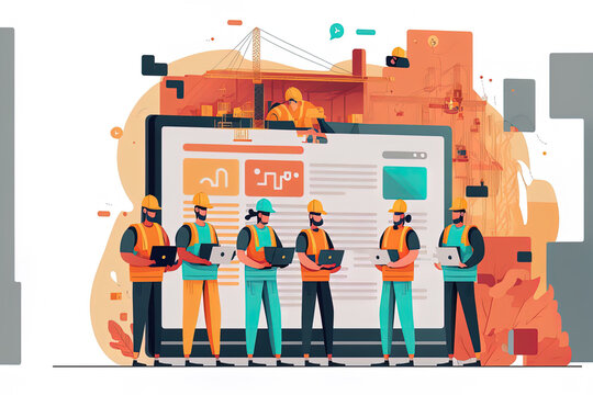 Professional construction sector employees slinging products on a website for a slingers company illustration. Generative AI