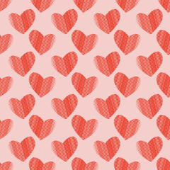 Seamless geometric pattern with red hearts on pink background. Valentine's day's patter. Vector print for fabric background
