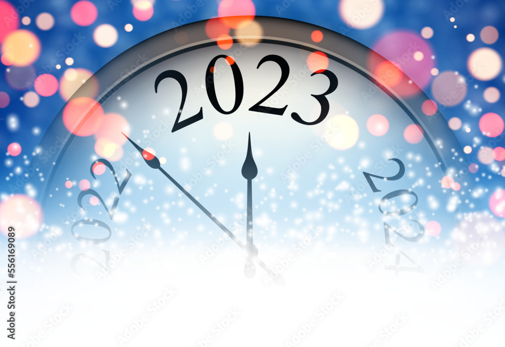 Poster half hidden clock showing 2023 with colorful bokeh lights.