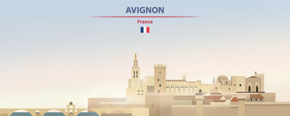 Avignon cityscape on sunrise sky background with bright sun shine. Vector illustration