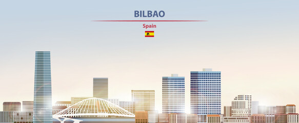 Naklejka premium Bilbao cityscape on sunrise sky background with bright sunshine. Vector illustration