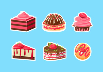 Sweet and Sugary Strawberry Dessert with Topping Vector Sticker Set