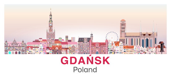 Gdansk skyline in bright color palette vector poster - 556169048