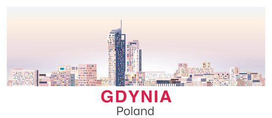 Gdynia skyline in bright color palette vector poster