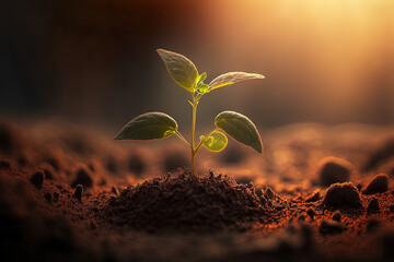 developing plant, Young plant with ground backdrop and dawn light, New life idea. Springtime sees little plants on the ground. fresh,seed, image with a modern agricultural theme. Generative AI