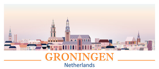 Groningen skyline in bright color palette vector illustration - obrazy, fototapety, plakaty