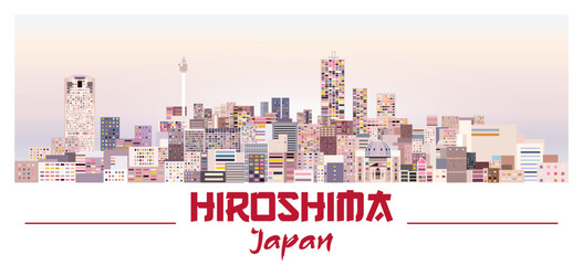 Fototapeta premium Hiroshima skyline in bright color palette vector illustration