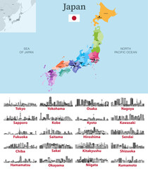 Japan map with main cities on it. Japanese cities skylines illustrations in black and white color palette. Vector set