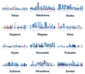 Fototapeta premium Japan cities skylines in soft cold tones color palette vector set. Crystal aesthetics style