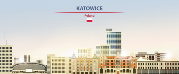 Katowice cityscape on sunrise sky background with bright sunshine. Vector illustration