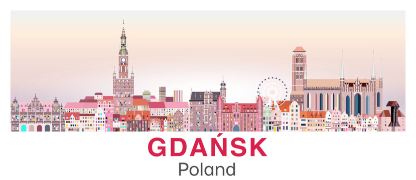 Gdansk skyline in bright color palette vector poster