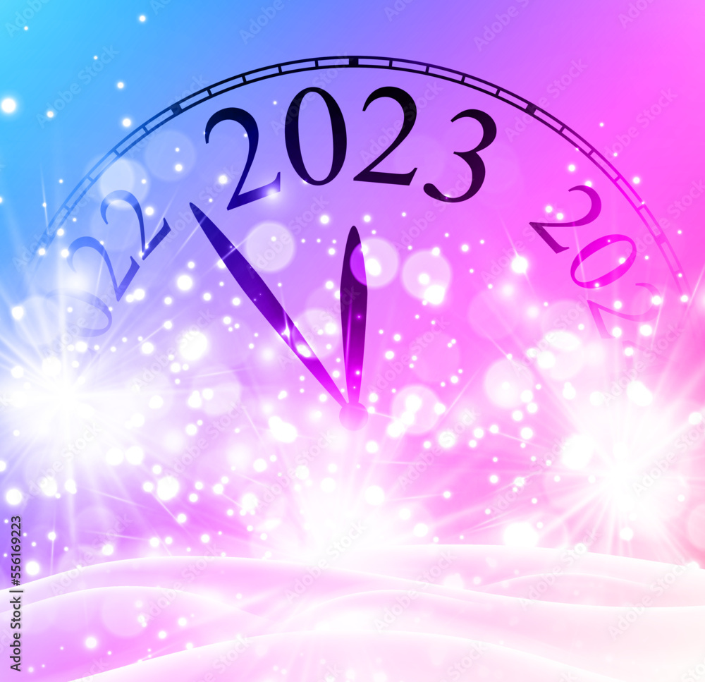 Poster half hidden clock showing 2023 on purple background with fireworks.