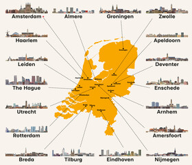 Netherlands map with main cities skylines. Vector illustration - obrazy, fototapety, plakaty