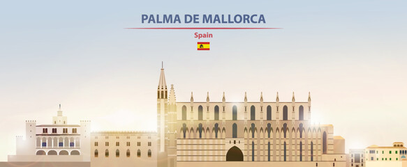 Palma de Mallorca cityscape on sunrise sky background with bright sunshine. Vector illustration © brichuas