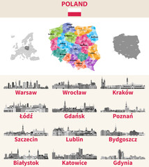 Poland map with main cities on it. Polish cities skylines illustrations in black and white color palette. Vector set