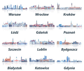Poland cities skylines in soft cold tones color palette vector set. Crystal aesthetics style