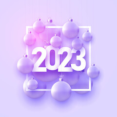 2023 sign with purple gradient hanging baubles and frame.
