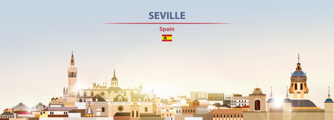 Naklejka premium Seville cityscape on sunrise sky background with bright sunshine. Vector illustration