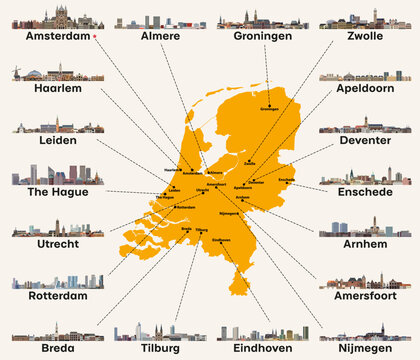 Netherlands map with main cities skylines. Vector illustration