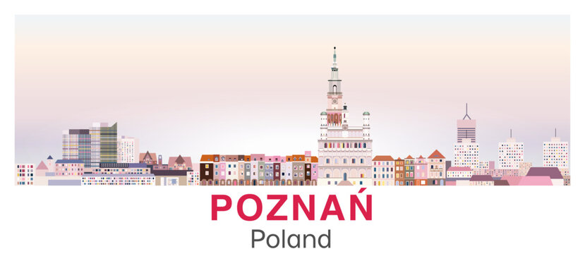 Poznan skyline in bright color palette vector poster