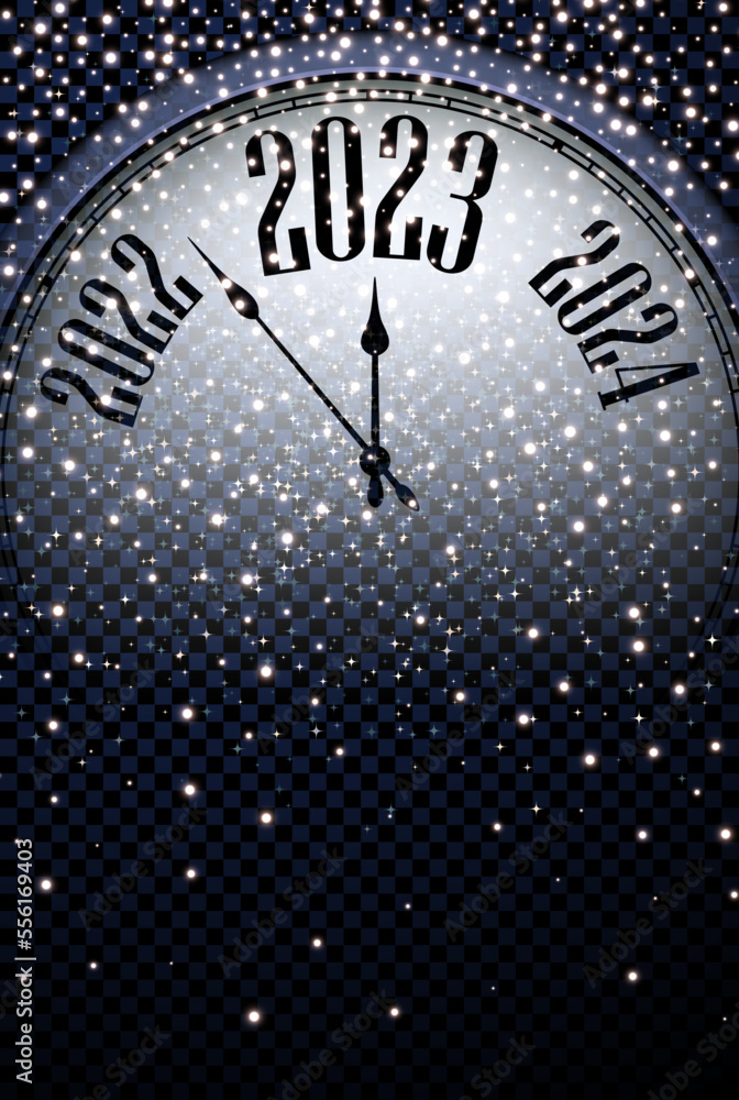 Poster clock with 2023 on transparent background with stars and snowing.