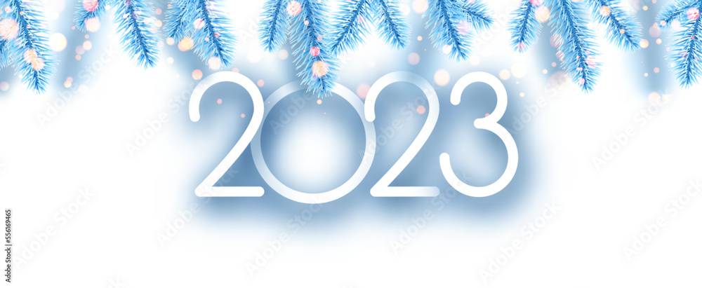 Poster 2023 sign with fir on blue background with yellow bokeh.