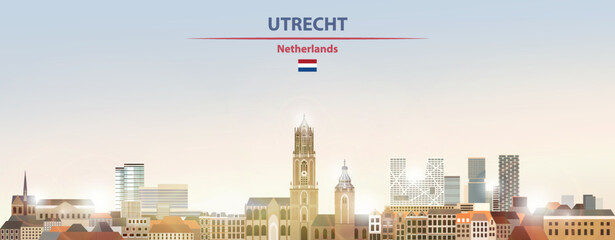 Utrecht cityscape on sunrise sky background with bright sunshine. Vector illustration