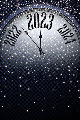 Naklejka na ściany i meble Clock with 2023 on transparent background with stars and snowing.