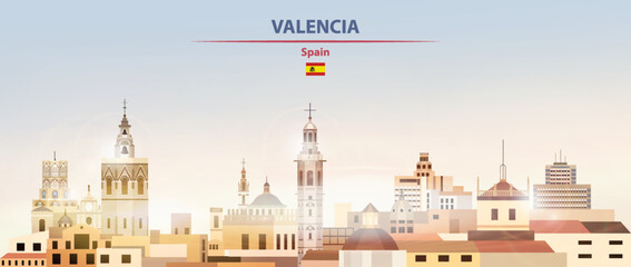 Obraz na płótnie Canvas Valencia cityscape on sunrise sky background with bright sunshine. Vector illustration