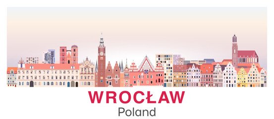 Obraz premium Wroclaw skyline in bright color palette vector poster