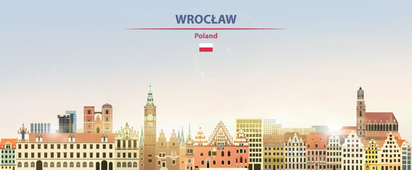 Wroclaw cityscape on sunrise sky background with bright sunshine. Vector illustration