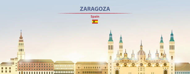 Fototapeta premium Zaragoza cityscape on sunrise sky background with bright sunshine. Vector illustration