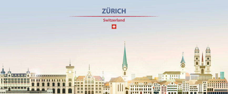 Zurich cityscape on sunrise sky background with bright sunshine. Vector illustration