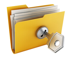 Key on locked yellow folder on transparent background. - obrazy, fototapety, plakaty