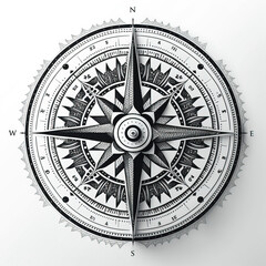 compass design, detailed, intricate, black and white on a flat white background