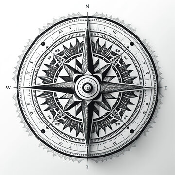 compass design, detailed, intricate, black and white on a flat white background