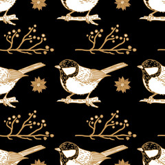 Seamless Christmas pattern with twigs, flowers and birds. Drawn winter titmouse on a black background in retro style. Vector illustration for the design of wrapping paper, background, textile.