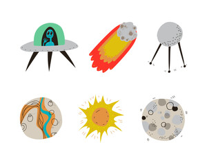 Cosmos and Universe Exploration with Planet, Satellite, Comet and Ufo Alien Ship Vector Set